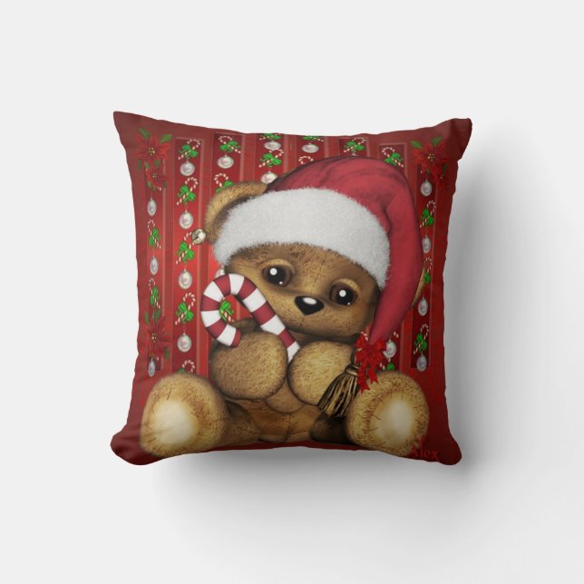 Santa Teddy Bear with Candy Cane Cushion (Front)