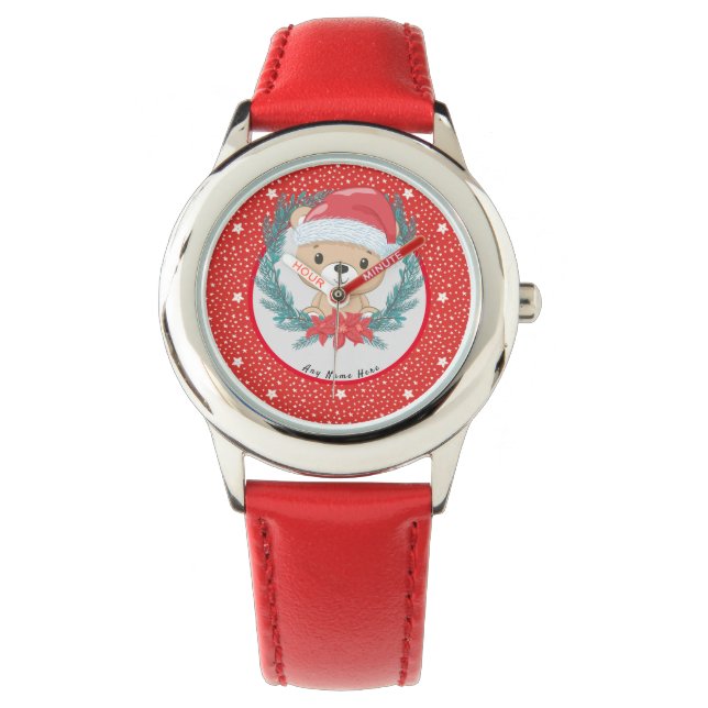 Santa Teddy Red and White Stars Merry Christmas  Watch (Front)