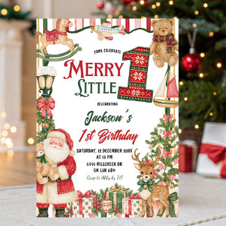 Santa Theme Merry Little One First Birthday Invitation