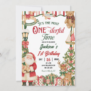 Santa Theme Most Onederful Time Birthday Invitation