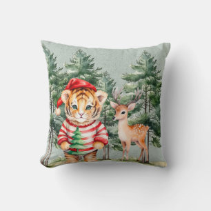 Santa Tiger and a Deer Pine Tree Christmas  Cushion
