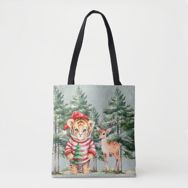 Santa Tiger and a Deer Pine Tree Christmas  Tote Bag (Front)