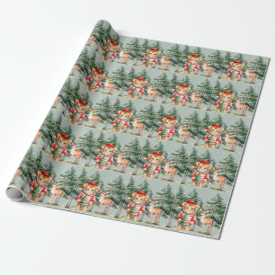 Santa Tiger and a Deer Pine Tree Christmas  Wrapping Paper