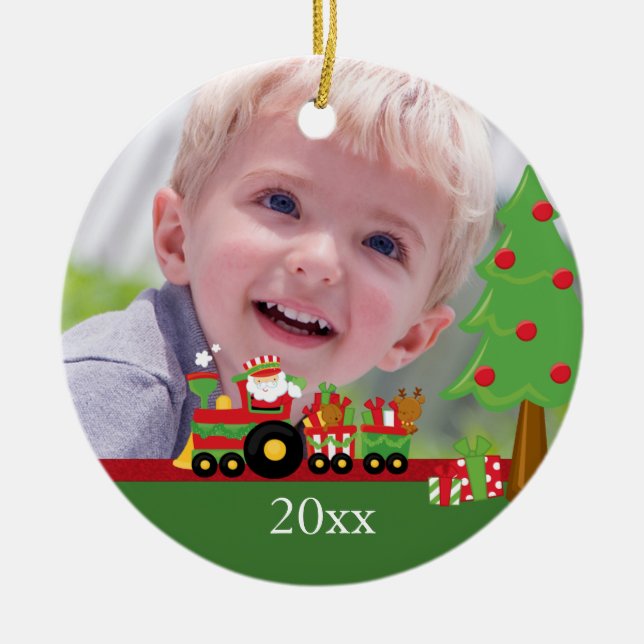 Santa train personalised christmas photo ornament (Front)