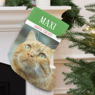 Santa Treats Cat Photo Personalised Small Christmas Stocking