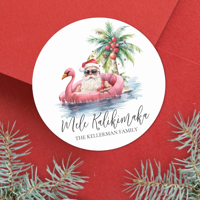 Santa Tropical Beach Mele Kalikimaka Christmas Classic Round Sticker (Santa Tropical Beach Mele Kalikimaka Christmas Classic Round Sticker )