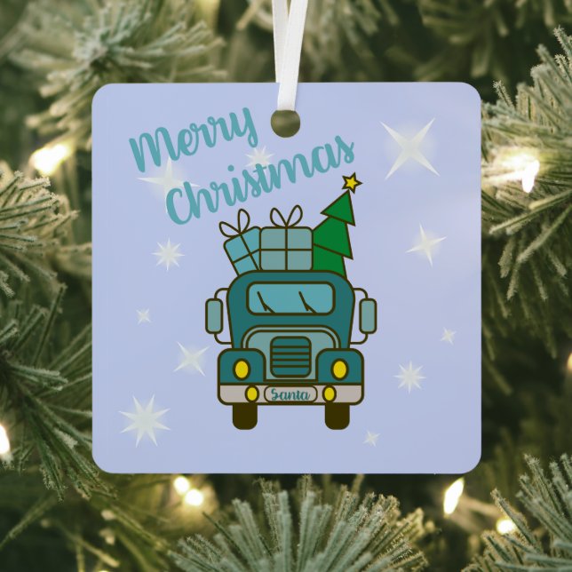 Santa truck front view Merry Christmas Metal Tree Decoration (Insitu)