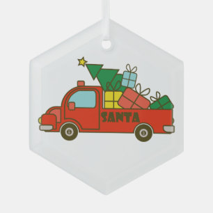 Santa truck side view Merry Christmas Glass Tree Decoration