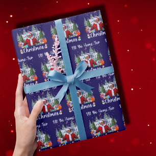 Santa Trump I'll Be Home For Christmas Funny Blue Wrapping Paper