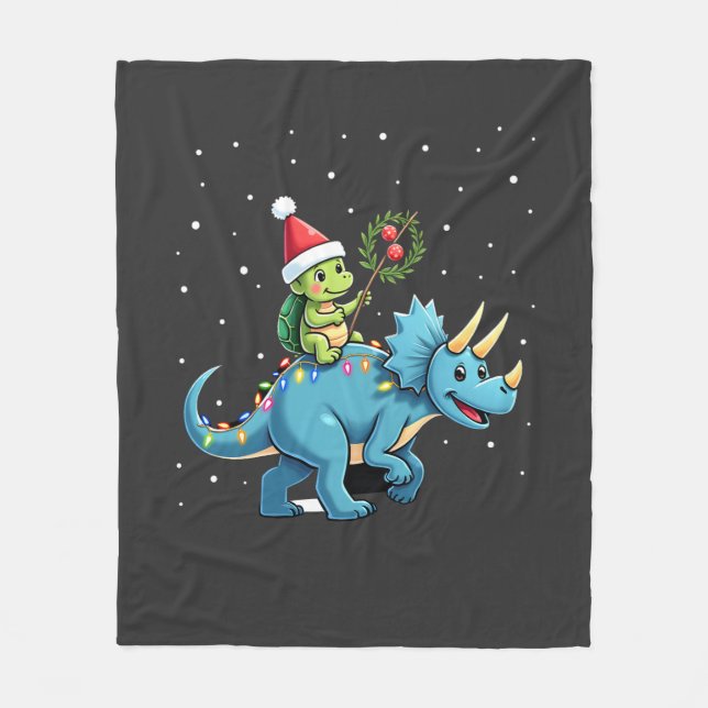 Santa Turtle Riding T-Rex Reindeer Christmas Light Fleece Blanket (Front)