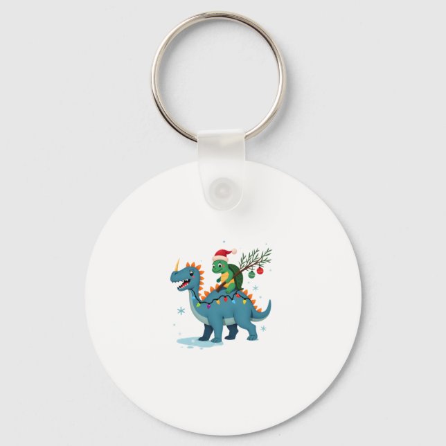 Santa Turtle Riding T-Rex Reindeer Christmas Light Key Ring (Front)