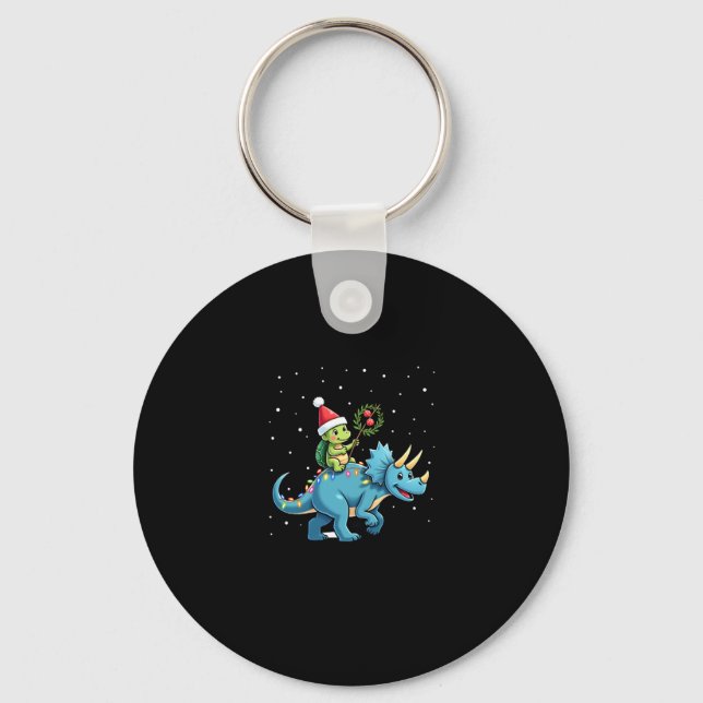 Santa Turtle Riding T-Rex Reindeer Christmas Light Key Ring (Front)
