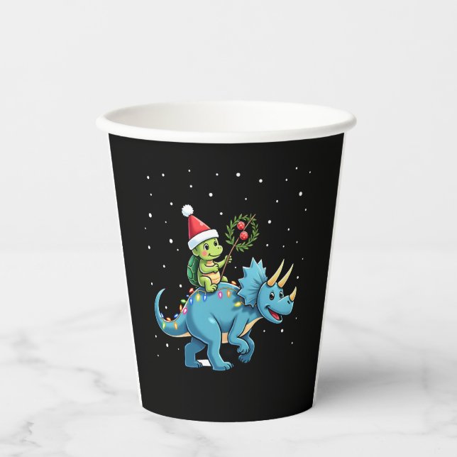 Santa Turtle Riding T-Rex Reindeer Christmas Light Paper Cups (Front)