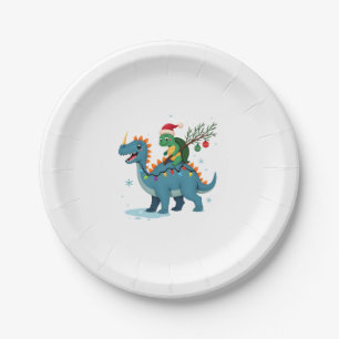 Santa Turtle Riding T-Rex Reindeer Christmas Light Paper Plate