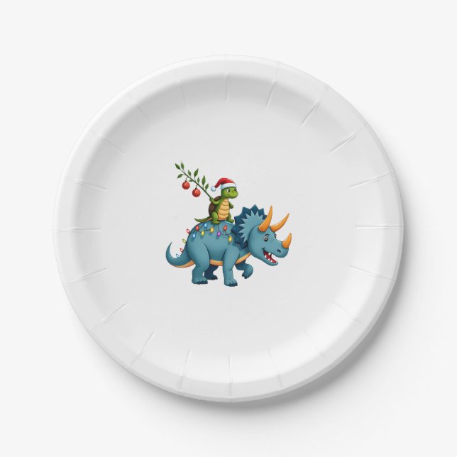 Santa Turtle Riding T-Rex Reindeer Christmas Light Paper Plate (Front)