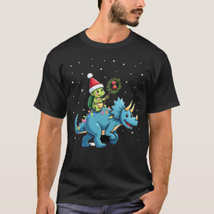 Santa Turtle Riding T-Rex Reindeer Christmas Light T-Shirt