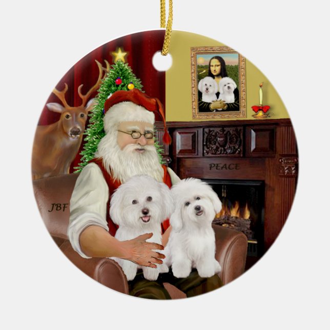 Santa - Two Bichon Frise Ceramic Tree Decoration (Front)