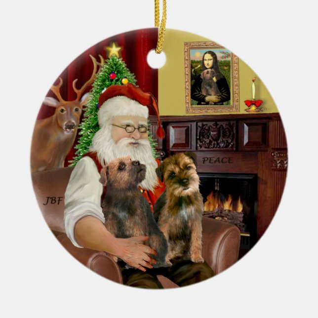 Santa - Two Border Terriers Ceramic Tree Decoration (Front)