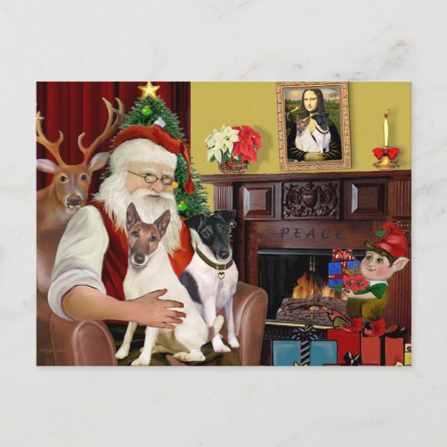 Santa - Two Smooth Fox Terriers Holiday Postcard (Front)