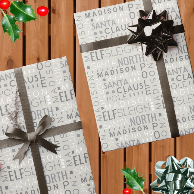 Santa Typography Chic Grey Cute Add Childs Name Wrapping Paper (Add your child's name to this chic gray Christmas wrapping paper with a Santa typography design)