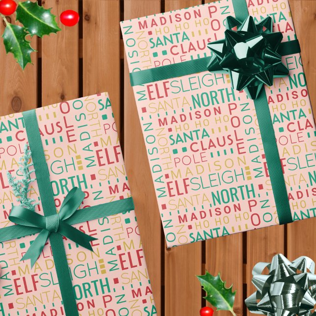 Santa Typography Red Green Cute Add Childs Name Wrapping Paper (Add your child's name to this colorful red, green and gold Santa typography Christmas wrapping paper)