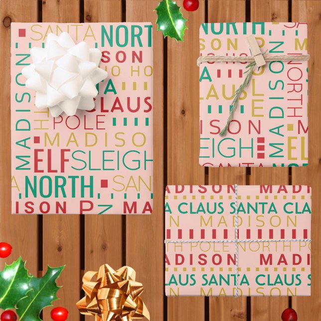 Santa Typography Red Green Kids Name Christmas Wrapping Paper Sheet (Kids love seeing their names printed on Christmas wrapping paper & this design is easy to customize)