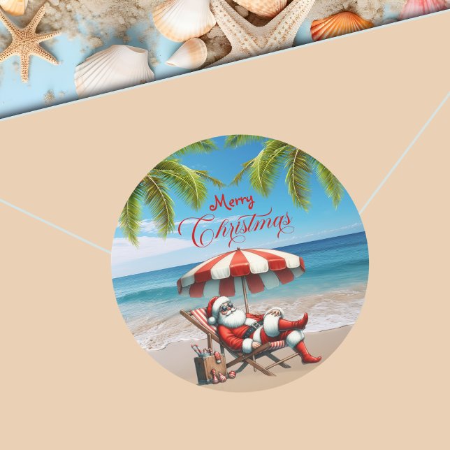 Santa under a Beach Umbrella Christmas Classic Round Sticker (Creator Uploaded)