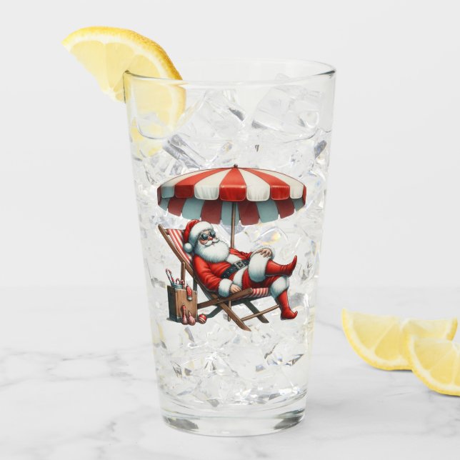 Santa under a Beach Umbrella Christmas Glass (Front Ice)