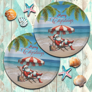 Santa under a Beach Umbrella Christmas Paper Plate
