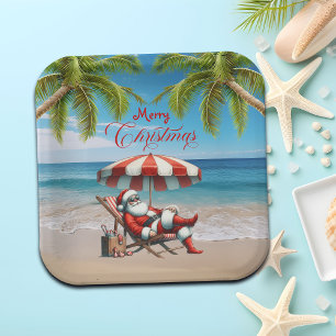 Santa under a Beach Umbrella Christmas Paper Plate