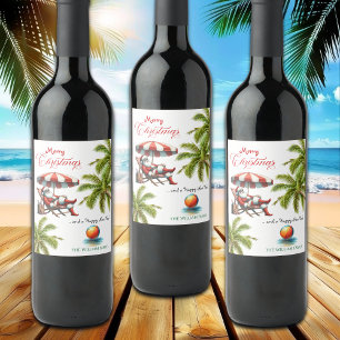 Santa under a Beach Umbrella Christmas Wine Label
