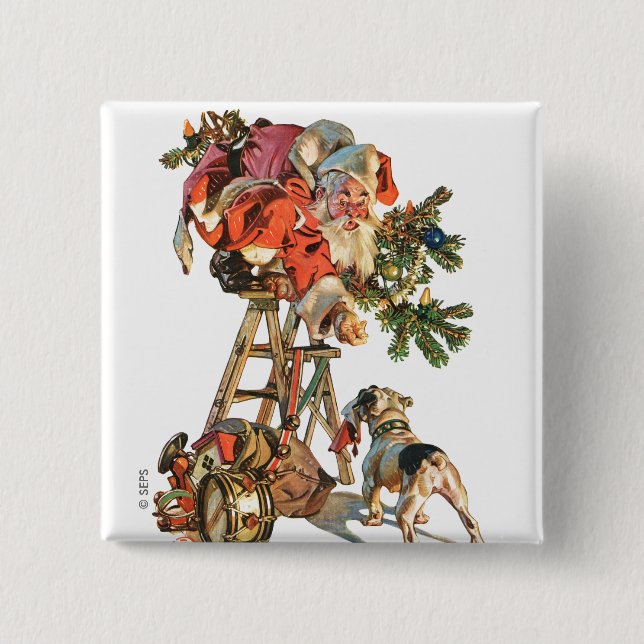 Santa Up a Ladder 15 Cm Square Badge (Front)