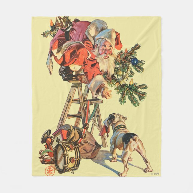 Santa Up a Ladder Fleece Blanket (Front)