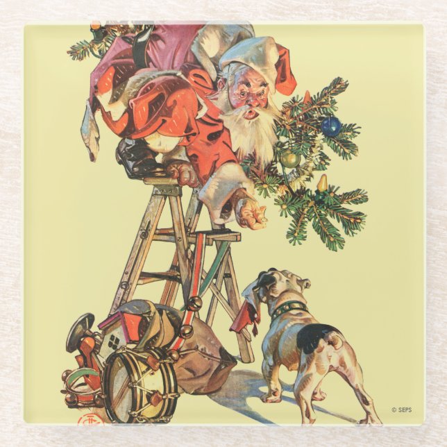 Santa Up a Ladder Glass Coaster (Front)