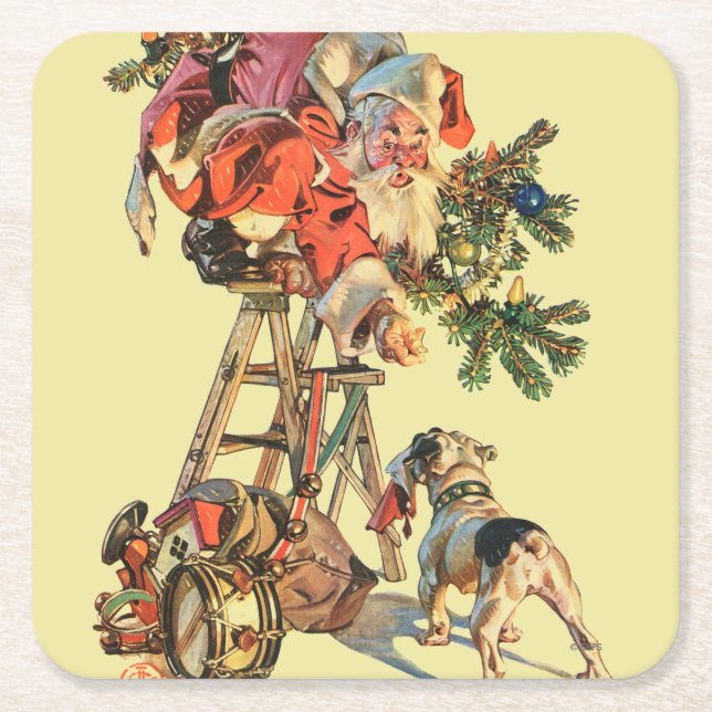 Santa Up a Ladder Square Paper Coaster (Front)