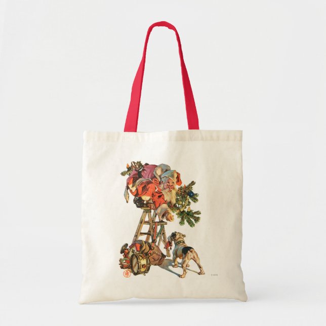 Santa Up a Ladder Tote Bag (Front)