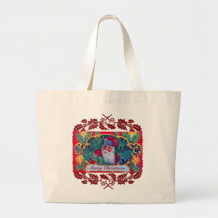 SANTA VINTAGE,CHRISTMAS GIFTS,RED WINTER FLORAL LARGE TOTE BAG