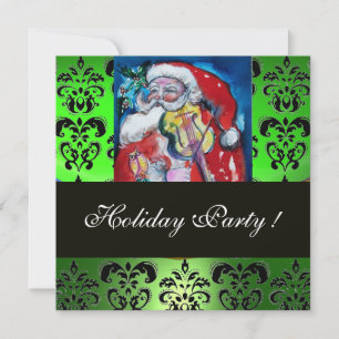 SANTA  & VIOLIN ,GREEN BLACK DAMASK MONOGRAM ,Ruby Invitation