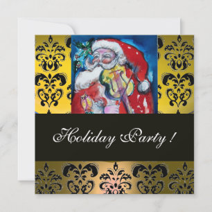 SANTA & VIOLIN YELLOW BLACK DAMASK MONOGRAM Ruby Invitation