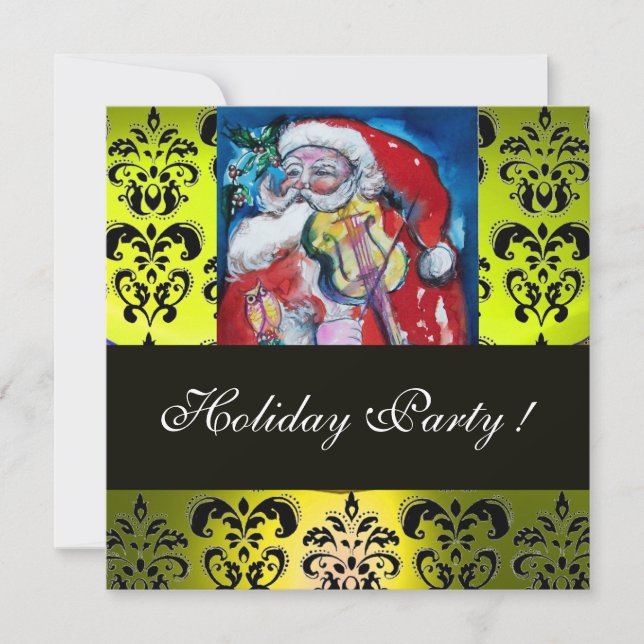 SANTA & VIOLIN YELLOW BLACK DAMASK MONOGRAM Ruby Invitation (Front)