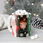 Santa Visit Snowflakes Two Photo Collage Christmas Coffee Mug<br><div class="desc">Personalise this festive Christmas coffee or hot cocoa mug with two favourite photos and custom "Santa Visit"   Year text.  Design features a white winter snowflake border pattern. Hunter green background colour can be customised to coordinate with your photo design.</div>