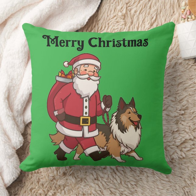 Santa walking a Collie Christmas Throw Pillow (Blanket)