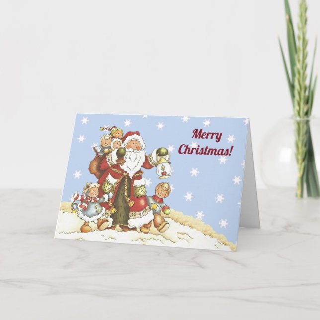Santa Walking in Snow With Cute Kids Snowflakes Holiday Card (Front)