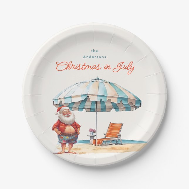 Santa Watercolor Christmas in July Summer Party Paper Plate (Front)