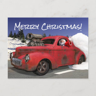 Santa Waving Driving Old 1941 Rusty Hotrod Coupe P Holiday Postcard