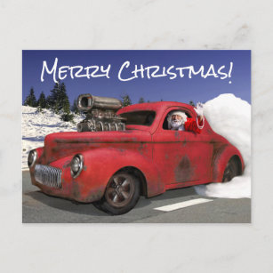 Santa Waving Driving Old 1941 Rusty Hotrod Coupe Postcard