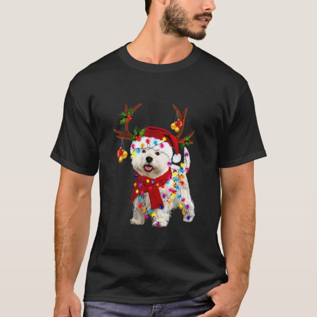 Santa westie dog gorgeous reindeer Light Christmas T-Shirt (Front)