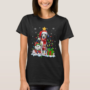 Santa Whippet With Elf Cat Christmas Lights Owner  T-Shirt