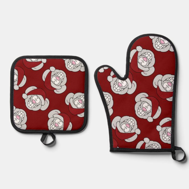 Santa White Christmas Mouse Screwball Graphics Oven Mitt & Pot Holder Set (Front)