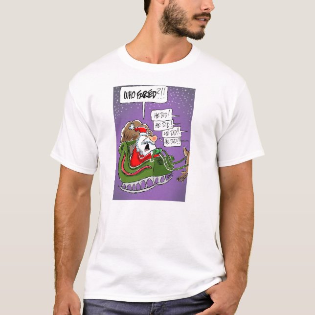 Santa "Who Farted?!" Cartoon Christmas T-shirt (Front)
